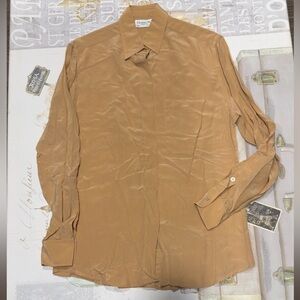 100% Silk Christian Dior Camel Button-Up Blouse Size 6